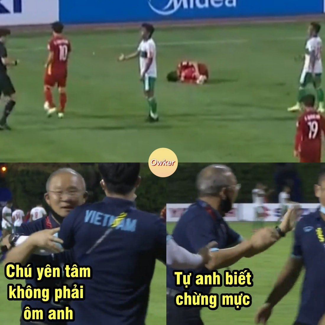 Bức ảnh chế biểu cảm HLV Park Hang Seo trong trận đấu với Indonesia được netizen truyền tay nhau.