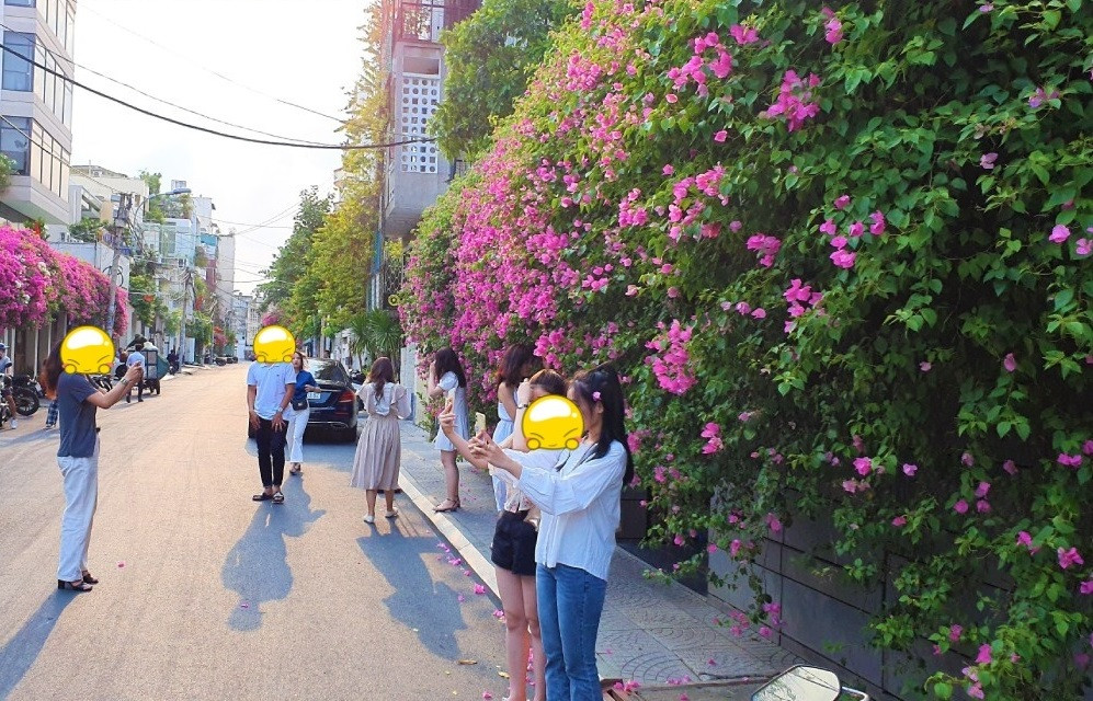 Cụ thể, sau vài ngày được chia sẻ rầm rộ trên mạng xã hội, đến chiều ngày 12/4, dưới giàn hoa giấy đã bất ngờ xuất hiện một tấm biển với nội dung: "Khu vực nhà riêng. Đề nghị quý khách hạn chế chụp hình, không làm phiền gia chủ và hàng xóm, không gây tắc nghẽn giao thông”.