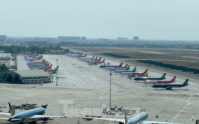 Do dịch COVID-19, hiện Việt Nam chỉ còn 8 chuyến bay chở khách được khai thác trên trục Hà Nội – Đà Nẵng - TPHCM, các hãng phải luân phiên bay, trong khi 4 hãng hàng không thương mại của Việt Nam có hơn 200 tàu bay. Tàu bay đỗ kín sân bay Tân Sơn Nhất (TPHCM). Ảnh: A.Trung ATC.