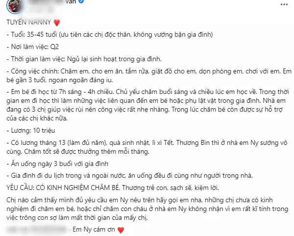 Mới đây, Vân Tiny tiếp tục có bài đăng gây chú ý trên trang cá nhân về việc tìm bảo mẫu cho quý tử Corbin (3 tuổi).