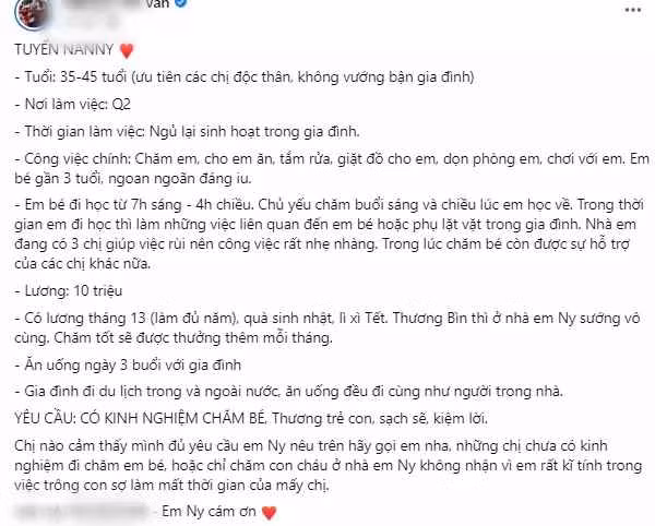 Mới đây, Vân Tiny tiếp tục có bài đăng gây chú ý trên trang cá nhân về việc tìm bảo mẫu cho quý tử Corbin (3 tuổi).