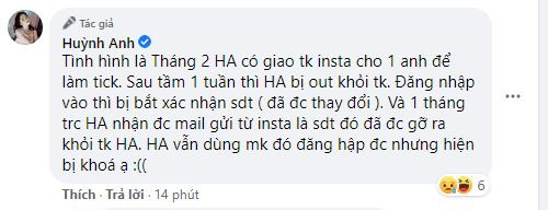  Bạn gái cũ Quang Hải gây chú ý khi đăng tải: "Cả nhà ơi. Huỳnh Anh rất cần 1 người có thể giúp Huỳnh Anh lấy lại tài khoản Instagram của Huỳnh Anh. Cả nhà quen ai thì giới thiệu cho Huỳnh Anh với nhé".