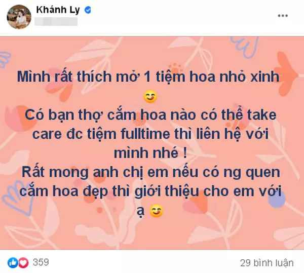 Mới đây trên trang cá nhân, hot girl Ly Kute gây chú ý khi cập nhật status mới. Cô tiết lộ muốn mở một tiệm hoa.