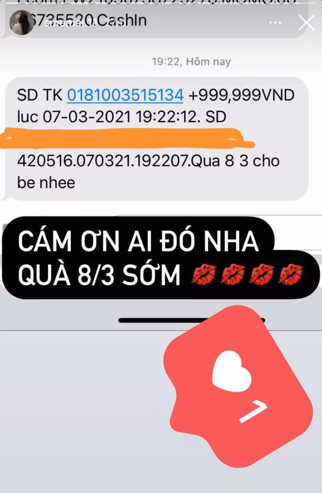 Người đẹp Sme Mai với món quà là tiếng ting ting kèm 999.999 VND trong ngày 8/3.