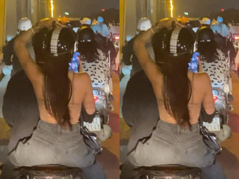 Hình ảnh ngồi xe máy khác hẳn lúc hotgirl sinh năm 2003 lên đồ ngoài hộ bơi và chụp hình với chiếc túi hiệu giá cả trăm triệu.