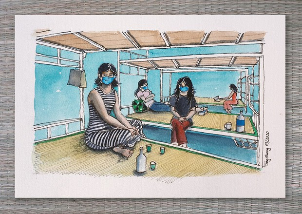 "Vô làm một ly rồi kể chuyện đời, chuyện nghề với cô nào mấy con" - người phụ nữ nhiều năng lượng tích cực, khiến mọi người xung quanh luôn lạc quan, vui vẻ. Công nhận hên. Đi cách ly còn gặp được chuyên gia lâu năm trong nghề để học tập...", Tăng Quang viết.