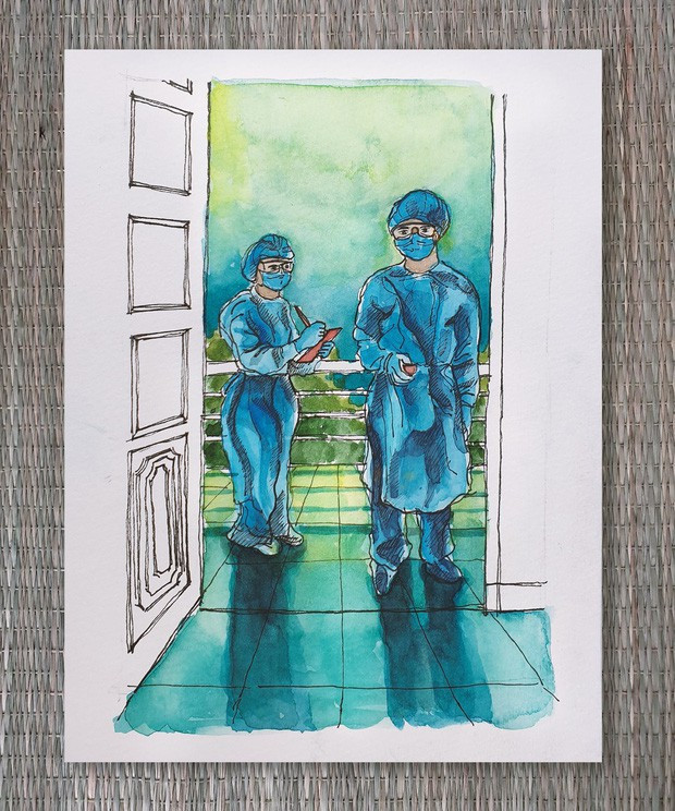 Chia sẻ về bộ tranh trong những ngày cách ly tập trung dịch Covid-19 tại trường Quân sự Quân khu 7 (TP.HCM), Tăng Quang cho biết: "Vớ được gì thì mình vẽ bằng cái đó, mình thực hiện bộ tranh chỉ với vài ba cây bút chì màu, hộp màu nước và hai cây bút kim".