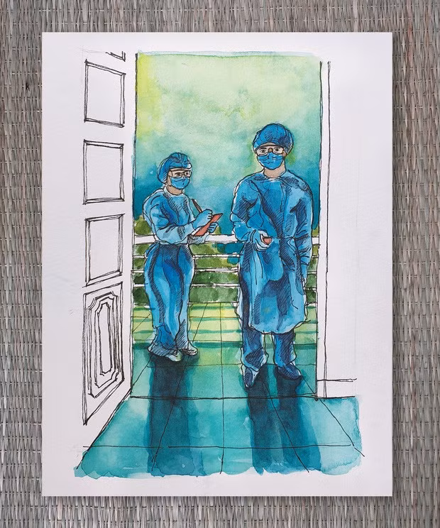 Chia sẻ về bộ tranh trong những ngày cách ly tập trung dịch Covid-19 tại trường Quân sự Quân khu 7 (TP.HCM), Tăng Quang cho biết: "Vớ được gì thì mình vẽ bằng cái đó, mình thực hiện bộ tranh chỉ với vài ba cây bút chì màu, hộp màu nước và hai cây bút kim".