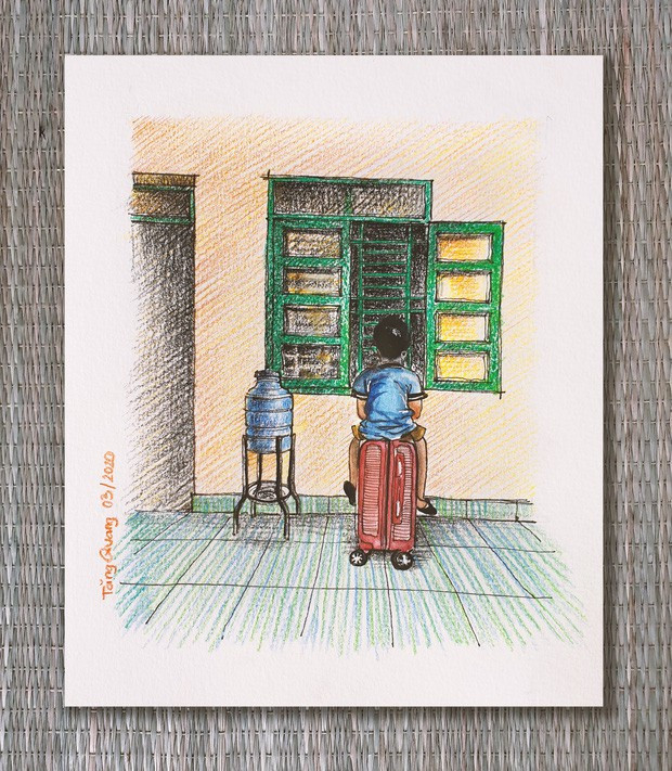 Không chỉ ghi lại cuộc sống trong khu vực cách ly bằng những nét vẽ đơn giản nhưng đầy chân thực, những bức tranh của chàng du học sinh Anh ngành Kiến trúc còn hấp dẫn bởi những chú thích dưới từng bức ảnh, nó là cách nói hài hước nhưng đầy tình cảm.