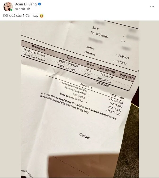 Không để dân mạng phải đồn đoán nhiều thêm, Đoàn Di Băng mới đây đã công khai hóa đơn của đêm tiệc.