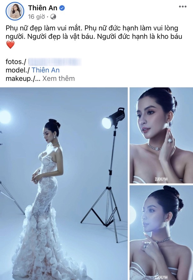 Mới đây, Thiên An đăng tải loạt ảnh trong chiếc đầm trắng được thiết kế xuyên thấu kèm dòng trạng thái "Phụ nữ đẹp làm vui mắt. Phụ nữ đức hạnh làm vui lòng người. Người đẹp là vật báu. Người đức hạnh là kho báu". Nữ diễn viên gây xuýt xoa bởi visual xinh đẹp và ngày càng mặn mà.