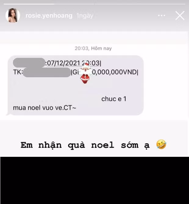 Cụ thể, trên Instagram, Hoàng Kiều Yến đăng ảnh màn hình tin nhắn nhận tiền với nội dung: "Chúc em một mùa Noel vui vẻ".