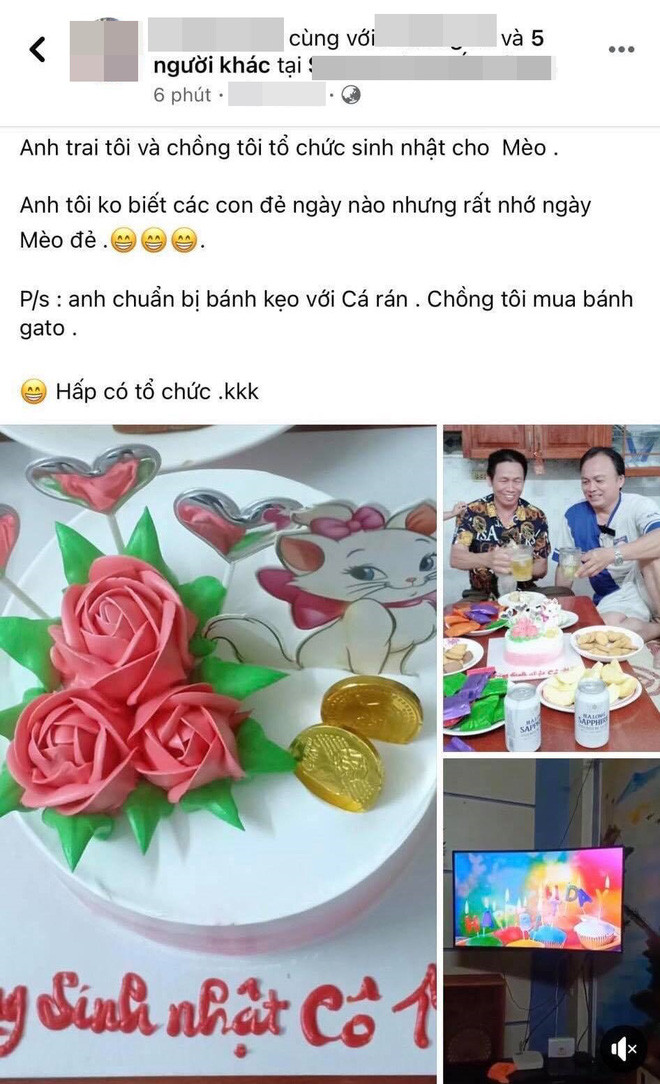 Một tài khoản đã đăng tải hình ảnh bữa tiệc sinh nhật dành riêng cho mèo cưng lên mạng xã hội cùng dòng chia sẻ: "Anh trai tôi và chồng tôi tổ chức sinh nhật cho Mèo. Anh tôi không biết các con đẻ ngày nào nhưng rất nhớ ngày Mèo đẻ. Anh chuẩn bị bánh kẹo với cá rán, chồng tôi mua bánh gato".