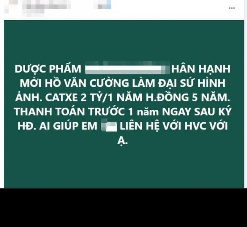 Ngay sau khi có thông tin ca sĩ Hồ Văn Cường đã được thanh toán tiền cát-xê đi diễn và có thêm 500 triệu từ ekip NS Phi Nhung, một Fanpage của hãng dược phẩm ở Hà Nội đã "ngỏ ý" mời Hồ Văn Cường làm đại sứ hình ảnh với mức cát-xê 2 tỷ đồng/năm.