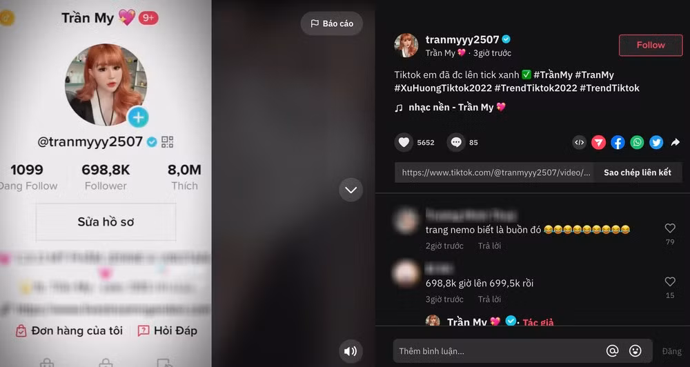 Sau khi từ toà trở về liên quan đến vụ "tương tác vật lý", hot girl My Trần phấn khởi khoe tài khoản TikTok có tích xanh.
