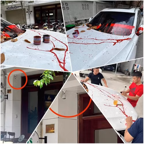 Trước đó, một chiếc xe màu trắng bị tạt sơn loang lổ ngay khi đỗ xe trước cửa nhà.