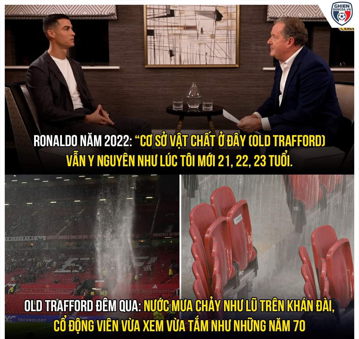 Trong bài phỏng vấn gây sốc cuối năm 2022, Cristiano Ronaldo khi đó còn thuộc biên chế Man Utd đã chỉ trích giới chủ về cơ sở vật chất của CLB. Theo siêu sao Bồ Đào Nha, sân Old Trafford và khu tập luyện Carrington giống hệt thời anh còn là cầu thủ trẻ những năm đầu thế kỷ 21. "Hồ bơi, bể sục, phòng tập, các công nghệ và thậm chí nhà bếp vẫn như xưa", anh nói.