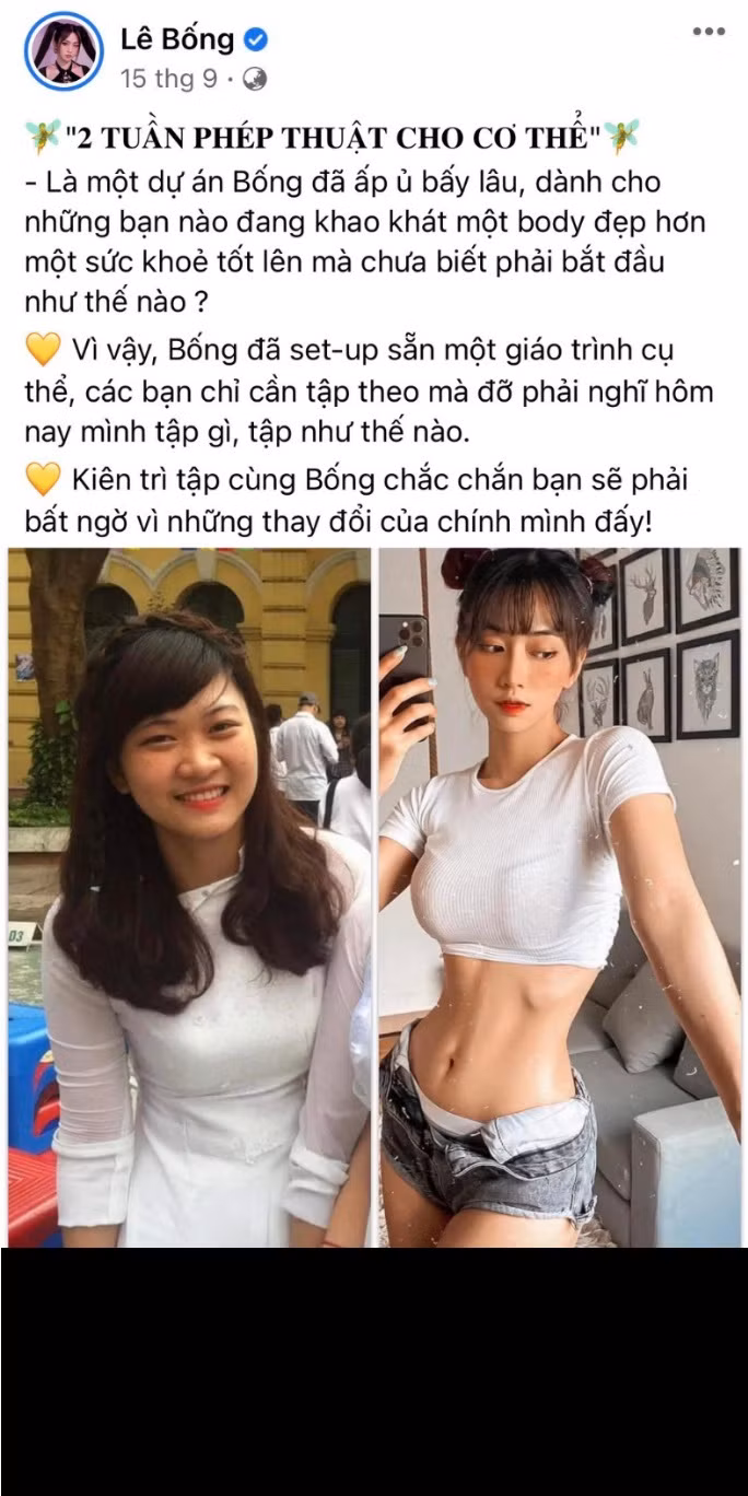 Cuối tháng 9 vừa qua, hot TikToker Lê Bống đã đăng tải thử thách tập luyện mang tên "2 Tuần Phép Thuật Cho Cơ Thể". Ngay sau khi đăng tải, chiến dịch của hot girl đã nhận được rất nhiều sự quan tâm và tham gia của các bạn trẻ.