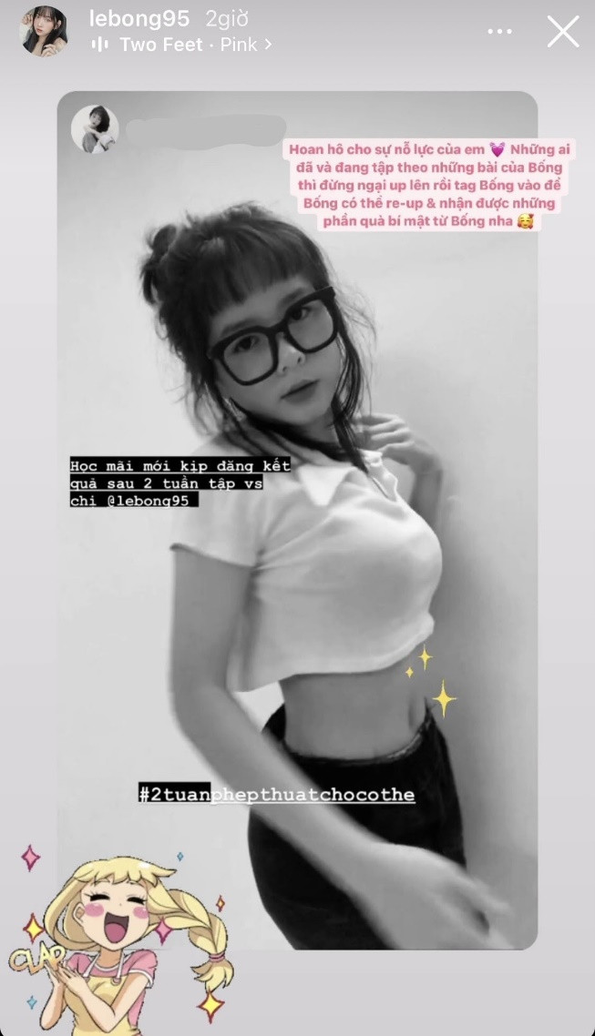 Mỗi ngày, hot girl TikTok sẽ livestream cùng tập luyện với người tham gia. Sau 2 tuần và cũng là thời gian kết thúc thử thách, Lê Bống sẽ tặng quà cho những bạn trẻ kiên trì và có kết quả tốt nhất.