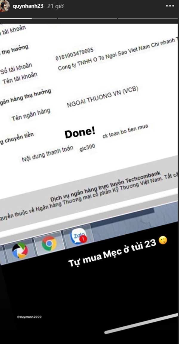 Tin nhắn chuyển khoản mua xe của Quỳnh Anh cách đây chưa lâu.