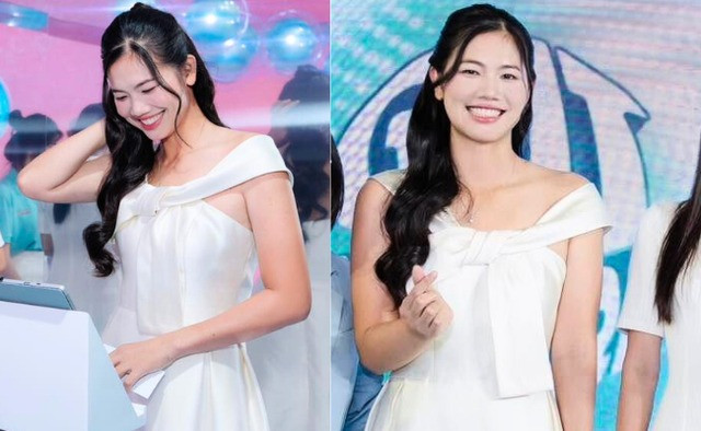 Ánh viên diện một chiếc váy trắng tinh khôi, thiết kế trễ vai với điểm nhấn là chiếc nơ lớn ở phần ngực, toát lên vẻ đẹp quý phái và hiện đại.