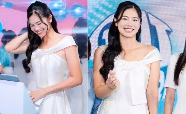 Ánh viên diện một chiếc váy trắng tinh khôi, thiết kế trễ vai với điểm nhấn là chiếc nơ lớn ở phần ngực, toát lên vẻ đẹp quý phái và hiện đại.