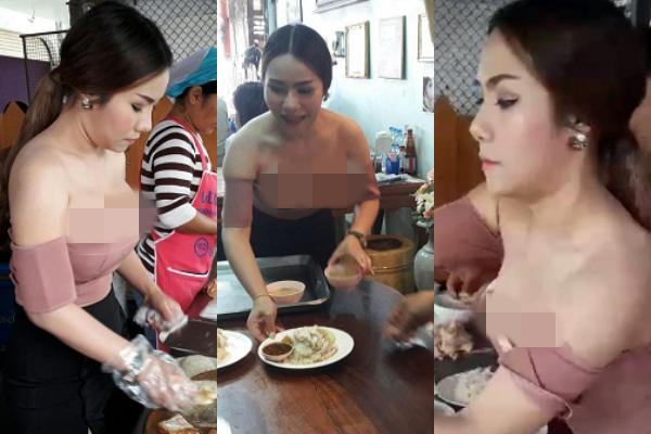 Diện áo bẹt vai đã thế còn khoe hơn nửa phần ngực, cô gái trẻ người Thái đứng bán cơm gà từng nhận không ít gạch đá từ phía dư luận xung quanh. Ảnh Internet