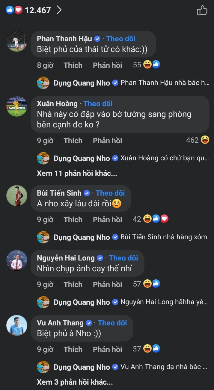 Ngay lập tức, rất nhiều cầu thủ đã gửi lời chúc mừng Dụng Quang Nho Bên cạnh những lời chúc mừng luôn có những pha "troll" vô cùng hài hước của các anh em: "Biệt thự thái tử có khác", "Anh Nho xây lâu đài rồi", "Biệt phủ à Nho"...