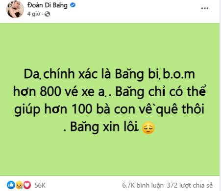 Trên trang cá nhân, nữ đại gia Đoàn Di Băng đã phải livestream để nói về chuyện này. Cô cho biết chính xác là mình đã bị bom 800 vé xe, chỉ giúp được hơn 100 bà con về quê.