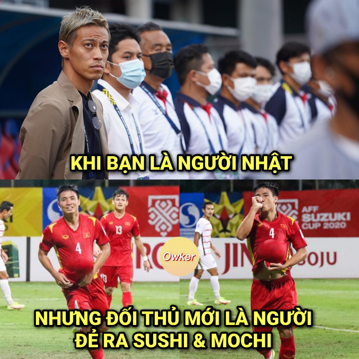 Bức ảnh chế bóng đá mà CĐV Việt Nam "chọc" HLV kiêm giám đốc bóng đá của Campuchia là Keisuke Honda.