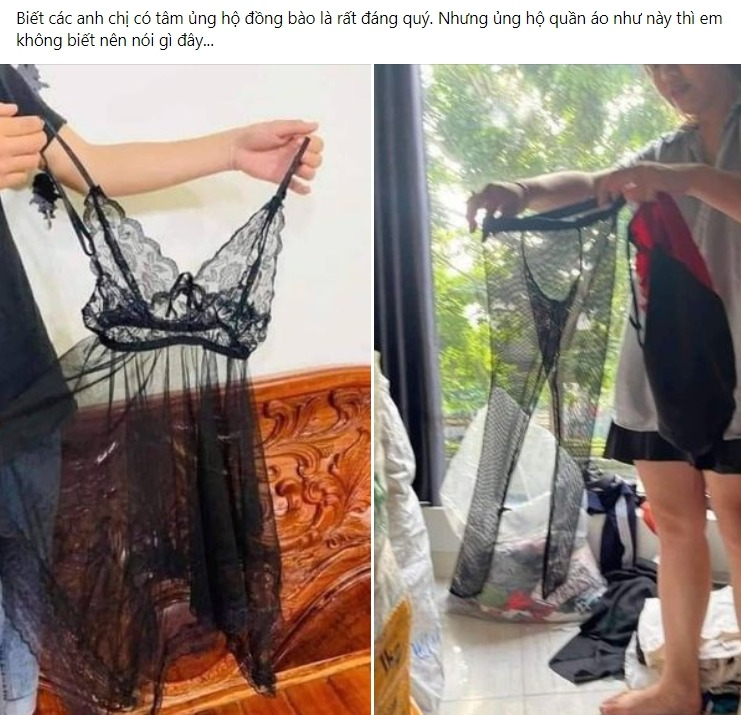 Nhưng thực chất, những bộ đồ ren lướt, váy áo diêm dúa... thậm chí cả đồ lót bị rách cũng được nhiều người vô tâm gói ghém gửi tới những nơi kêu gọi ủng hộ.