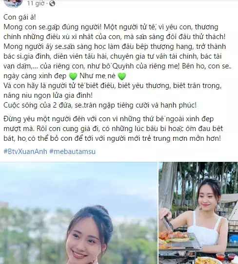 Tối 23/7, MC thời tiết VTV là Nguyễn Xuân Anh có tâm sự gây chú ý trên Facebook. Cô chia sẻ hình ảnh xinh đẹp của bản thân, đính kèm là lời nhắn nhủ đến con gái sắp chào đời và cũng là những kỳ vọng về một chàng rể tương lai.