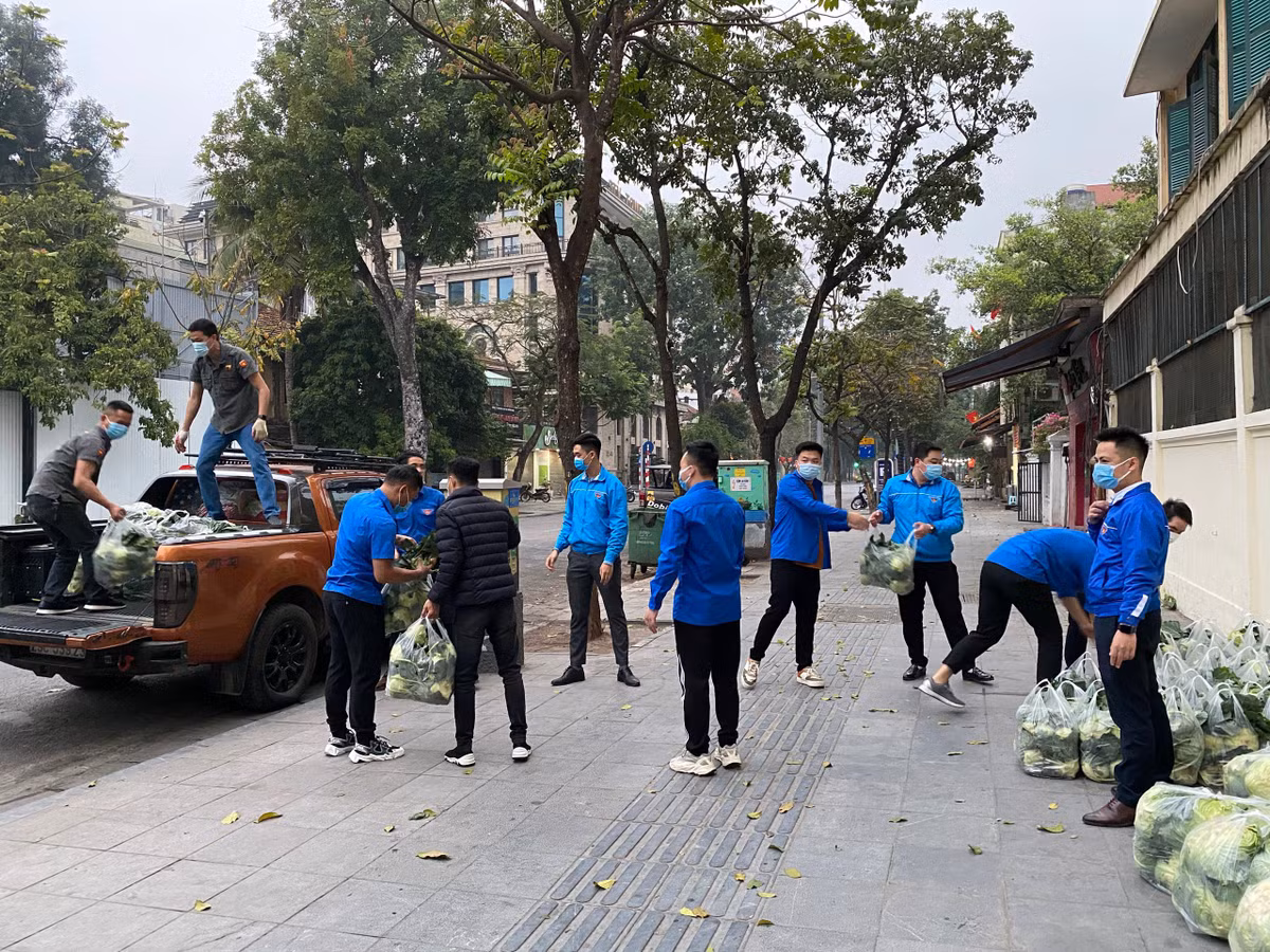 Các đoàn viên của Quận đoàn Hoàn Kiếm từ sáng sớm 24/2 đã tập kết những nông sản Hải Dương được đến các địa điểm được ấn định.
