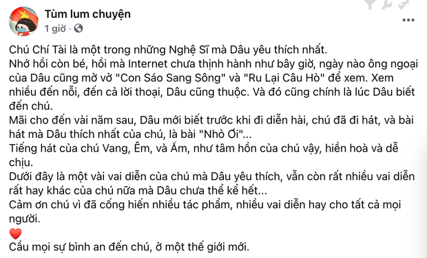 Trước sự ra đi đầy thương tiếc của NS Chí Tài, trên MXH rất nhiều người bày tỏ niềm thương tiếc của mình gửi đến người nghệ sĩ tài hoa. Trong số đó là các bạn trẻ, những người có tuổi thơ gắn bó với đầu đọc DVD, mua từng cái đĩa có danh hài.