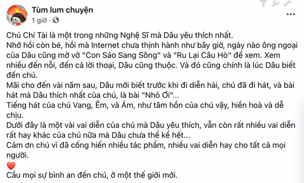 Trước sự ra đi đầy thương tiếc của NS Chí Tài, trên MXH rất nhiều người bày tỏ niềm thương tiếc của mình gửi đến người nghệ sĩ tài hoa. Trong số đó là các bạn trẻ, những người có tuổi thơ gắn bó với đầu đọc DVD, mua từng cái đĩa có danh hài.