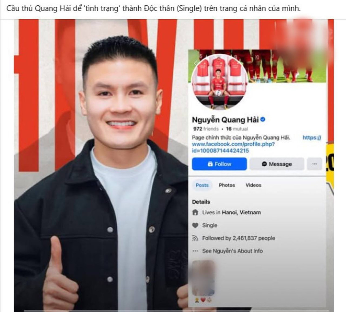 Mới đây mạng xã hội xôn xao khi tiền vệ Nguyễn Quang Hải để trạng thái độc thân trên trang cá nhân Facebook của mình. Trạng thái này khiến dân mạng bàn tán xôn xao bởi chỉ cách đây vài ngày vợ của nam cầu thủ là Chu Thanh Huyền liên tiếp vướng vào ồn ào bất chấp PR sản phẩm dành cho trẻ em.