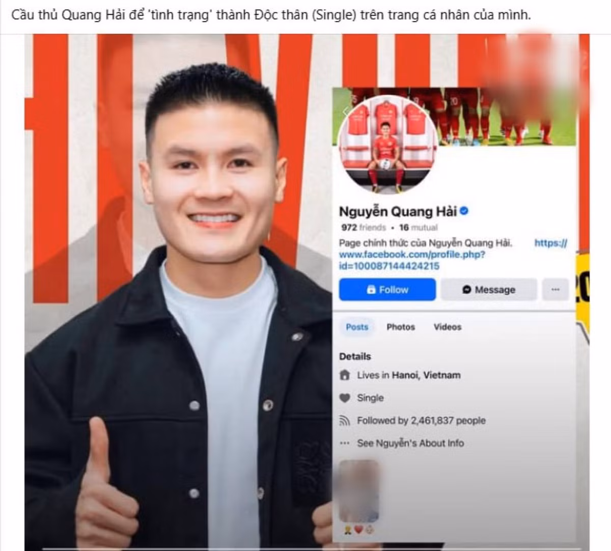 Mới đây mạng xã hội xôn xao khi tiền vệ Nguyễn Quang Hải để trạng thái độc thân trên trang cá nhân Facebook của mình. Trạng thái này khiến dân mạng bàn tán xôn xao bởi chỉ cách đây vài ngày vợ của nam cầu thủ là Chu Thanh Huyền liên tiếp vướng vào ồn ào bất chấp PR sản phẩm dành cho trẻ em.