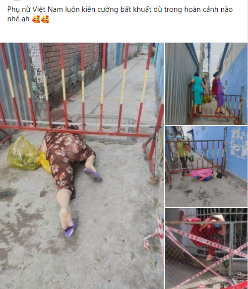 "Đi chợ mùa dịch khổ thế đó, mong tình hình sớm được kiểm soát để các cô không phải leo rào nguy hiểm thế này. Chưa tính đến chuyện ra ngoài dễ gặp F0 thì nhỡ đâu té sẽ rất nguy hiểm xương cốt." - H.N.H bình luận.