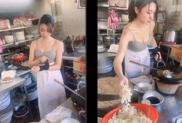 Những hình ảnh một cô gái mặc áo hai dây bán cơm nhanh chóng được dân mạng chia sẻ trên các diễn đàn.