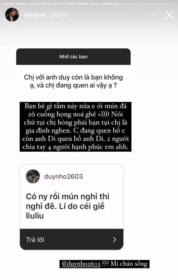 Cụ thể khi 1 fan đặt câu hỏi về việc cả hai hiện đều có người mới, nữ streamer Linh Ngọc Đàm đáp trả: 'Chị đang quen bồ chị còn anh Di (Duy Nhỏ) quen bồ anh Di. Hai người chia tay, bốn người hạnh phúc em ạ'.