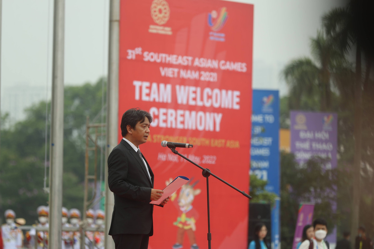 Thứ trưởng Hoàng Đạo Cương phát biểu trong lễ thượng cờ các đoàn thể thao tham dự SEA Games 31 diễn ra sáng 11/5 tại Hà Nội.