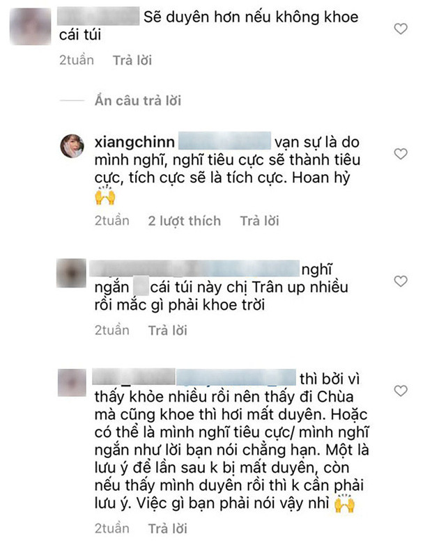 Cụ thể, một tài khoản đã vào bức ảnh của Võ Ngọc Trân và để lại bình luận mang đậm chất "cà khịa": "Sẽ duyên hơn nếu không khoe cái túi".