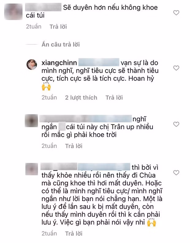 Cụ thể, một tài khoản đã vào bức ảnh của Võ Ngọc Trân và để lại bình luận mang đậm chất "cà khịa": "Sẽ duyên hơn nếu không khoe cái túi".