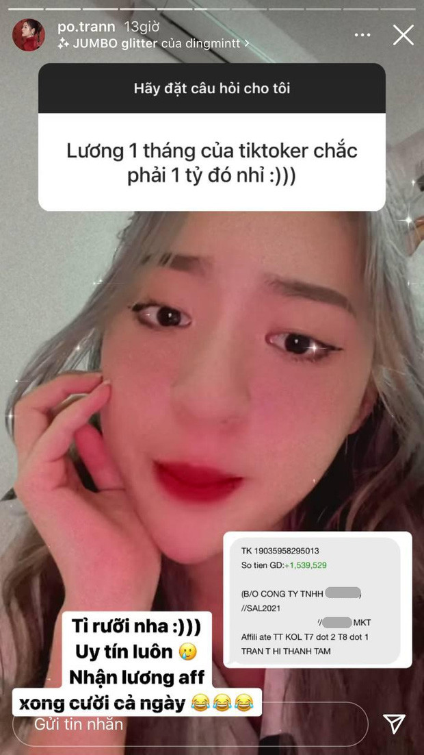 Mới đây, trong phần Q&amp;A tâm sự với mọi người, một dân mạng đã lao vào dò hỏi tiền lương của hot girl Trần Thanh Tâm: "Lương 1 tháng của TikToker chắc phải 1 tỷ đó nhỉ?".