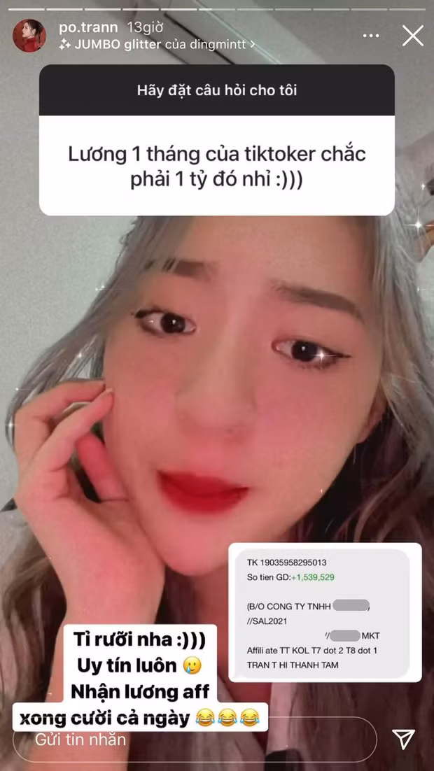 Mới đây, trong phần Q&amp;A tâm sự với mọi người, một dân mạng đã lao vào dò hỏi tiền lương của hot girl Trần Thanh Tâm: "Lương 1 tháng của TikToker chắc phải 1 tỷ đó nhỉ?".