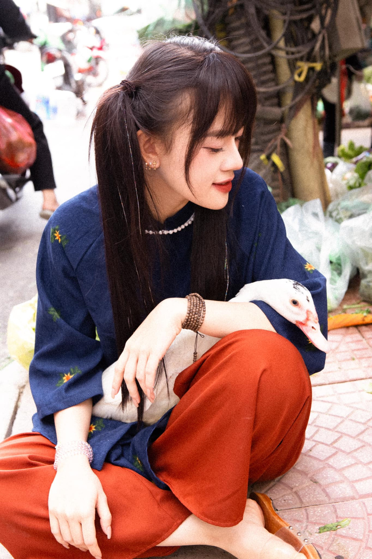 Không nên mang con vịt vừa mua đi chụp ảnh ngay mà hãy để ở nhà một thời gian cho vịt xả hết chất thải ra ngoài, tránh tình trạng vịt "đi vệ sinh" trong lúc chụp, làm bẩn quần áo người mẫu. Ảnh: Lê Hồng Ngọc