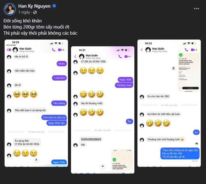 Mới đây, trên trang cá nhân của mình, Kỳ Hân đã chia sẻ đoạn trò chuyện qua tin nhắn cùng với Mạc Hồng Quân. Cô hài hước chú thích: "Đời sống khó khăn. Bén từng 200gr tôm sấy muối ớt. Thì phải vậy thôi phải không các bác". Đọc nội dung cuộc trò chuyện của hai vợ chồng nhà sao Việt này mà dân tình cười bò.