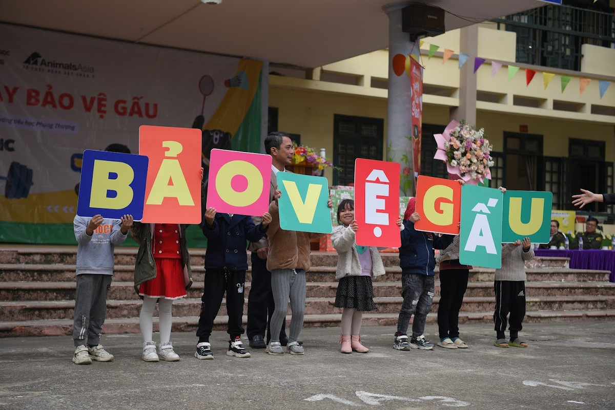 Hoc sinh tieu hoc Phung Thuong thi hoi thao chung tay bao ve gau