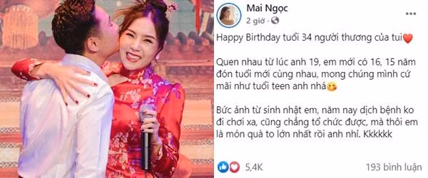 Hôm nay (15/7) là sinh nhật ông xã " MC đẹp nhất VTV" Mai Ngọc - doanh nhân Lê Hoài Nam. Nhân dịp đặc biệt, cô nàng có những nhắn nhủ gây chú ý gửi đến người đầu ấp má kề trên Facebook.