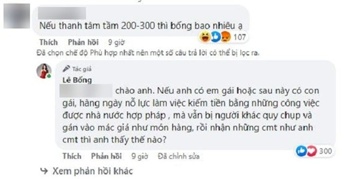 Cụ thể, ngay ở dưới loạt ảnh xinh đẹp, Lê Bống nhận về bình luận khiếm nhã với nội dung: “Nếu Thanh Tâm tầm 200-300 thì Bống bao nhiêu ạ?”.